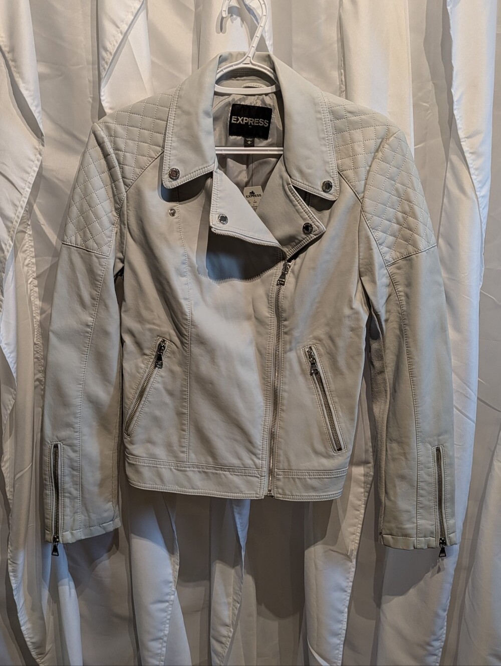 D3 Express Faux Leather Moto Jacket Gray Off White Cream Asymmetrical Medium